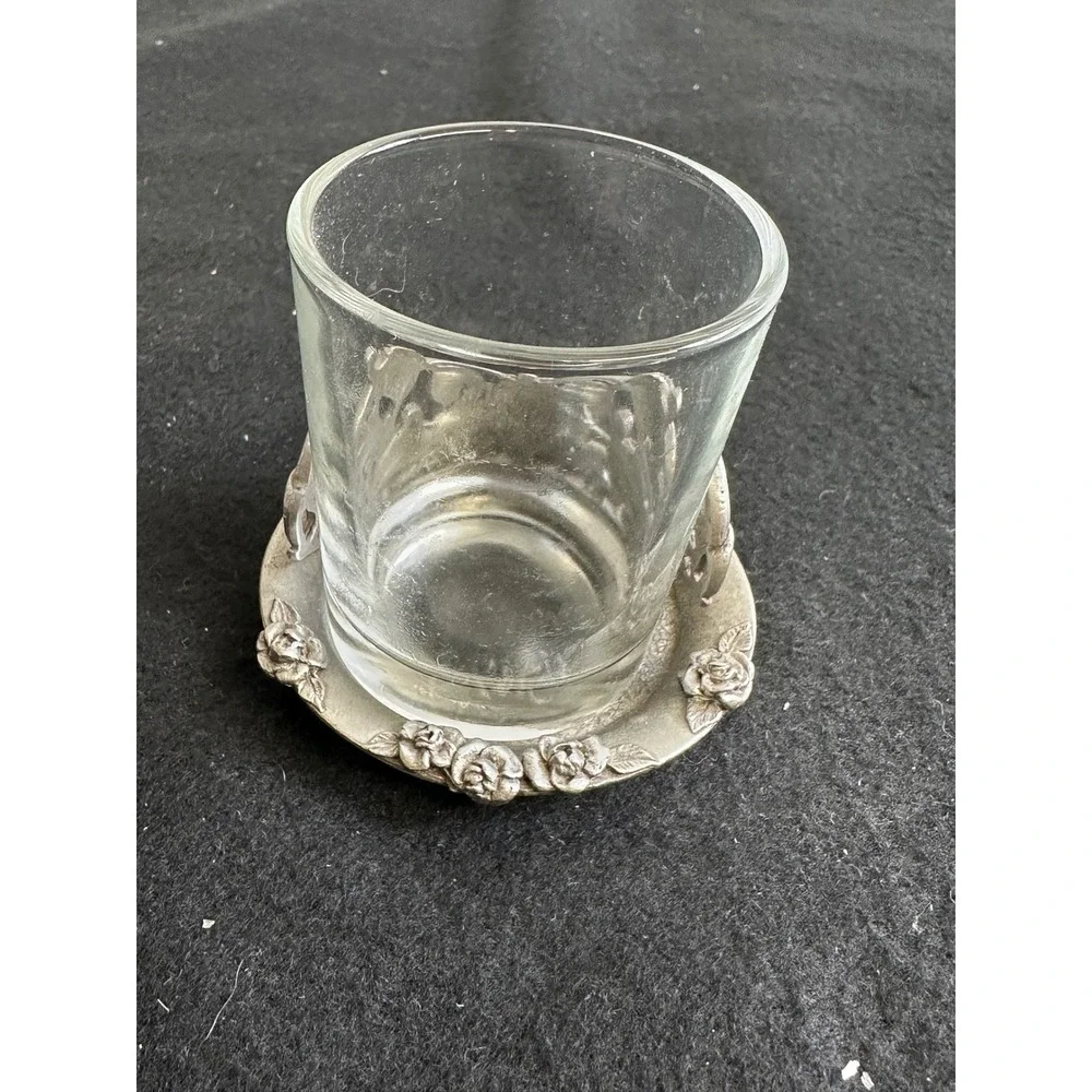 Rawcliffe Pewter 1995 Floral Rose Votive Candle Holder with Glass & Snuffer Set